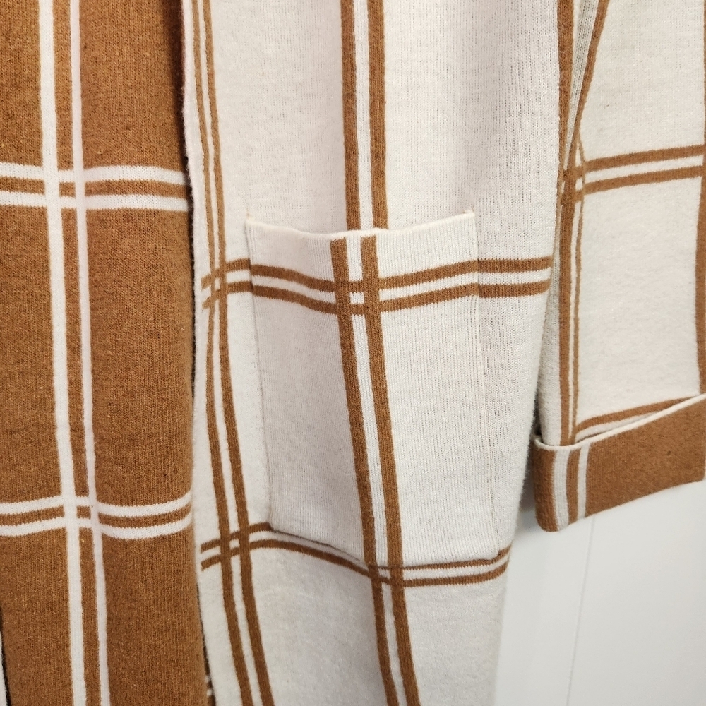 Rain & Rose Open Front Soft Cardigan Off White Tan Plaid Size Medium Office Fall - Picture 5 of 7